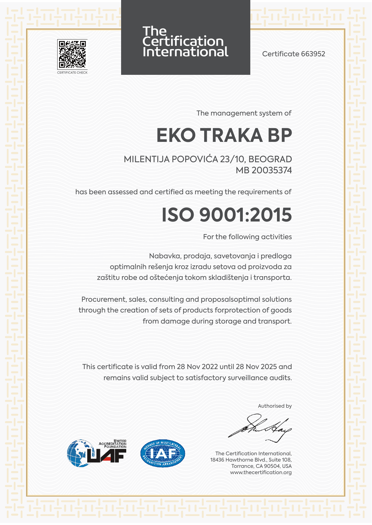 ISO 9001:2015 sertifikat EKO TRAKA BP 2022-2025